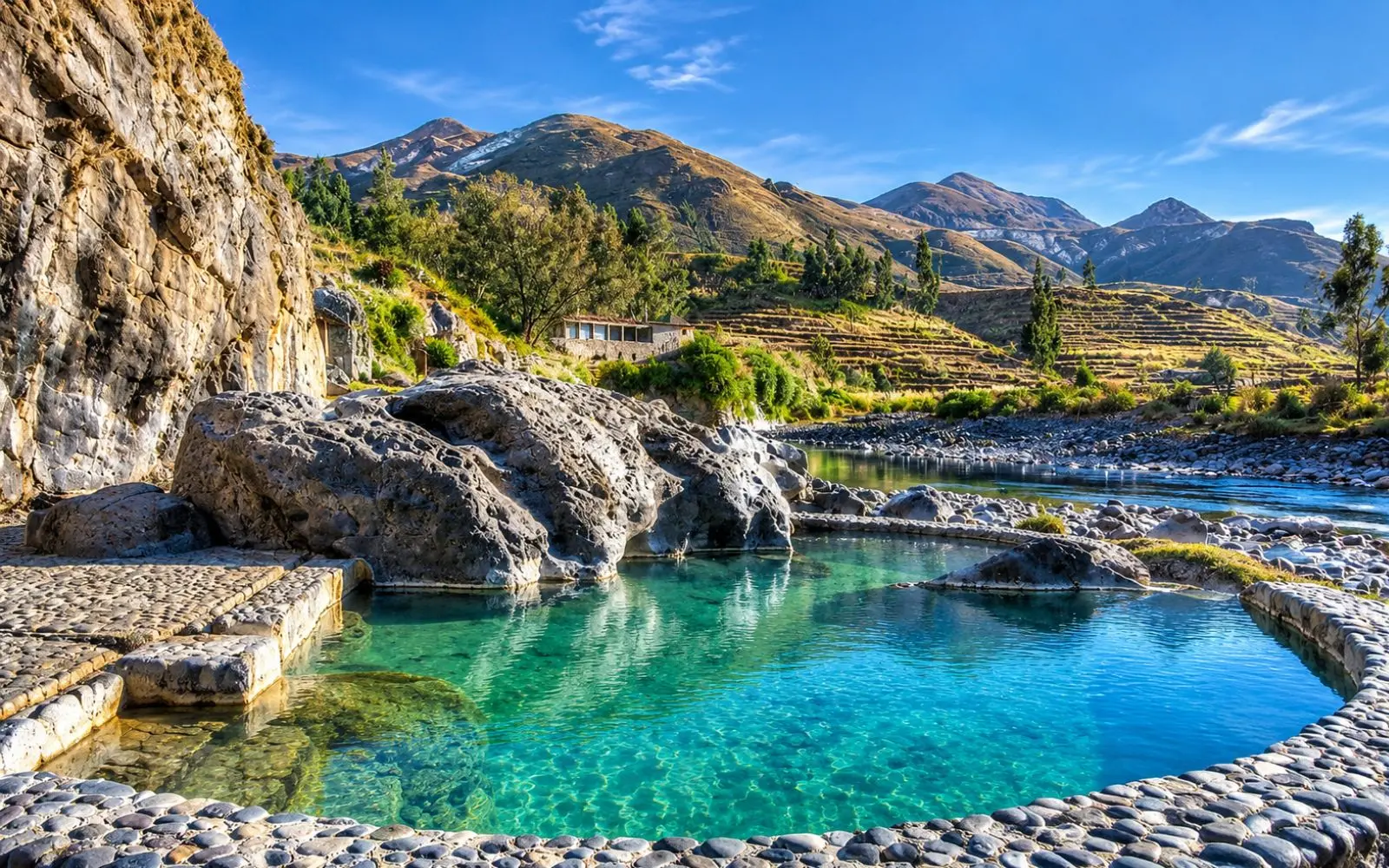 Pozas de aguas termales junto al río en Yanque, visita opcional