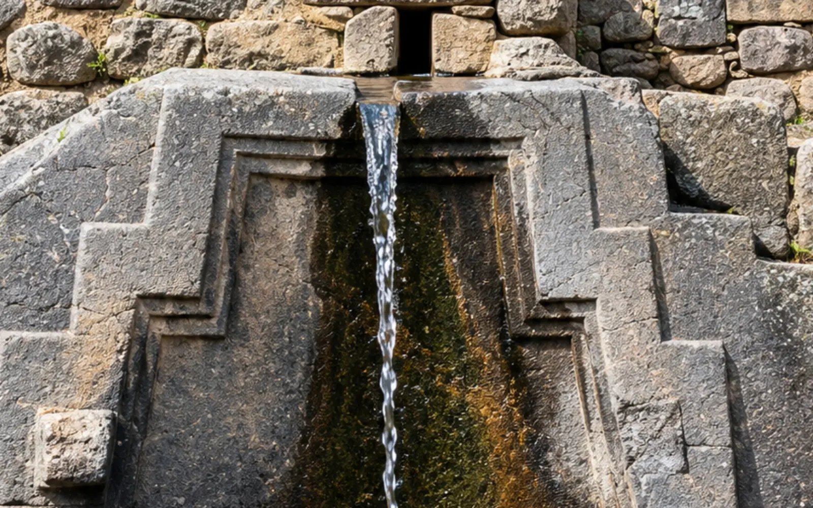 Canal de agua entre los muros de piedra de Tambomachay